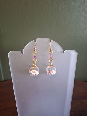 Gold Toned Gum Ball Macine Earrings with Pink Accents